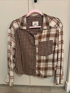 American Eagle Outfitters Brown Plaid Patchwork Button-Down Shirt